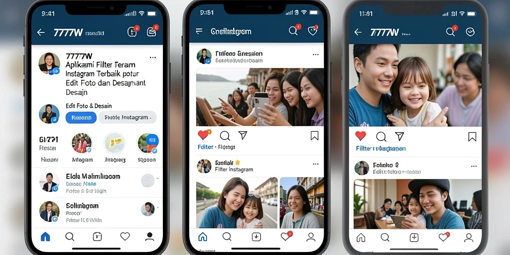 Antarmuka pengguna 7777W dengan pilihan filter Instagram.
