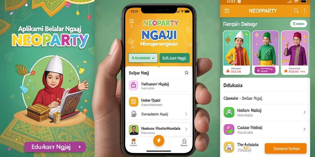 Antarmuka utama NEOPARTY untuk belajar ngaji yang interaktif.