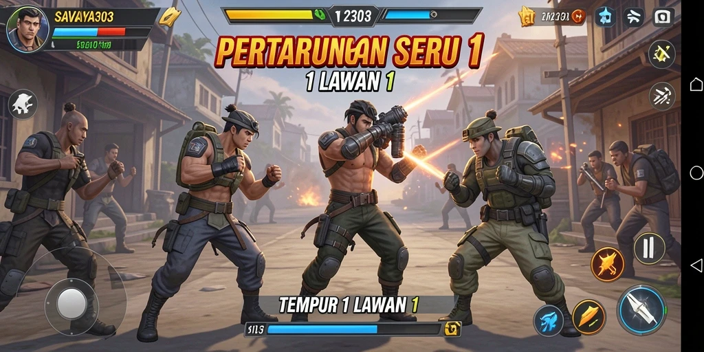 Screenshot SAVAYA303 menunjukkan pertarungan seru 1 vs 1 antar karakter.